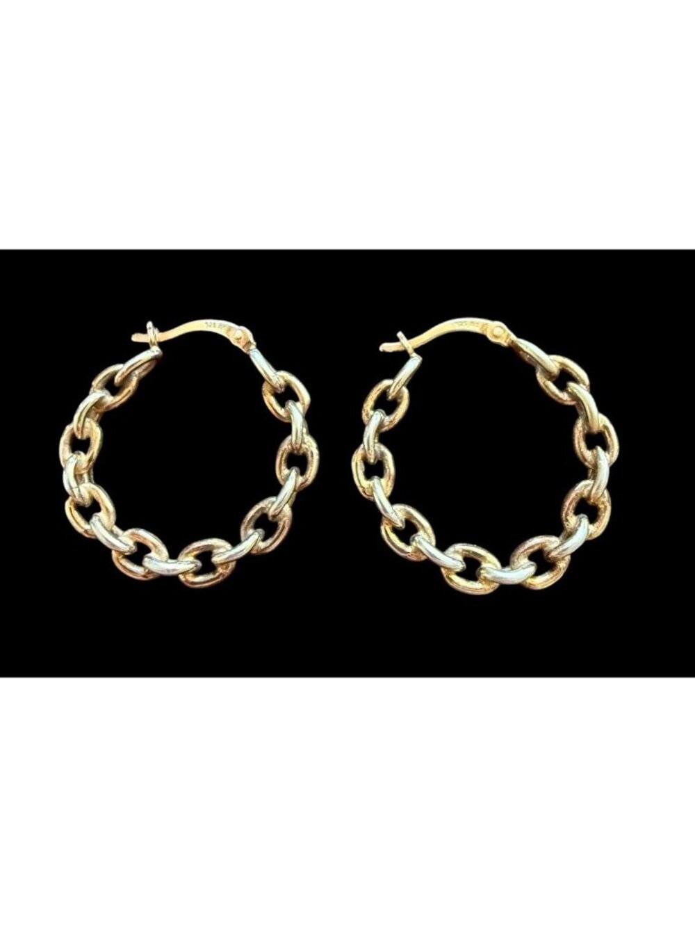 Gilded Sterling Silver Curb Chain Link Hoop Earrings Signed 925 BS 1”